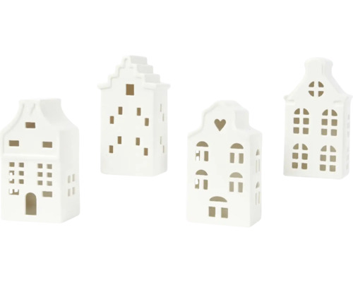Dekorácia domček porcelánový 17 cm biely, rôzne druhy Štyri biele keramické domčeky na čajové sviečky s okennými otvormi