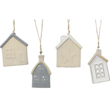 Štyri keramické závesné ozdoby v tvare domu so šnúrkou na zavesenie