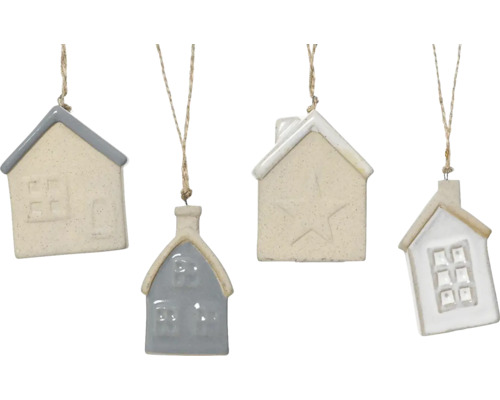 Vianočná ozdoba domček porcelánový, rôzne druhy Štyri keramické závesné ozdoby v tvare domu so šnúrkou na zavesenie