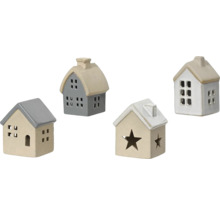 Štyri dekoratívne keramické domčeky s okennými otvormi ako držiaky na čajové sviečky
