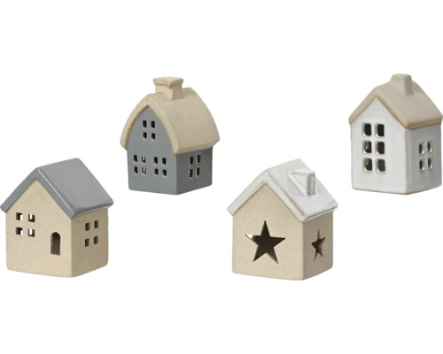 Dekorácia domček porcelánový 8 cm, rôzne druhy Štyri dekoratívne keramické domčeky s okennými otvormi ako držiaky na čajové sviečky