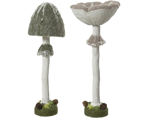 Dve dekoratívne figúrky húb s machom a šiškami