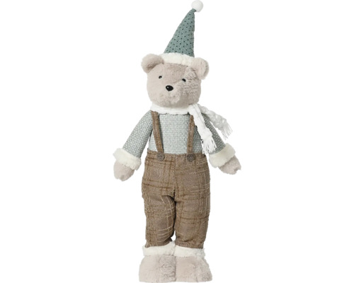 Dekoratívna figúrka medveď textilný 75 cm Plyšový medveď s čiapkou a traky ako dekorácia