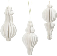 Tri biele papierové vianočné ozdoby so zlatými závesnými šnúrami