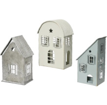 Dekoratívne kovové lampáše v tvare domu, tri kusy