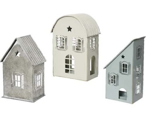 Dekorácia domček kovový 18 cm, rôzne druhy Dekoratívne kovové lampáše v tvare domu, tri kusy