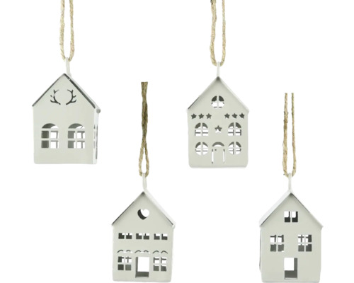 Dekoratívne závesné domčeky z kovu so šnúrkou, sada štyroch kusov