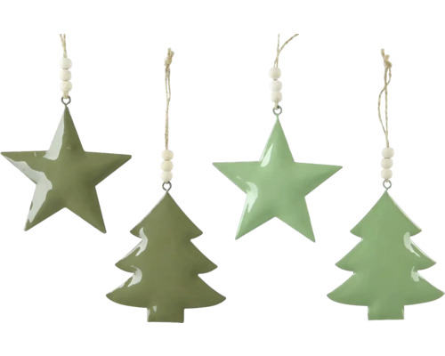 Vianočné ozdoby hviezda/stromček kovové zelené, rôzne druhy Dekoratívne zelené hviezdy a vianočné stromčeky ako ozdoby na vianočný stromček