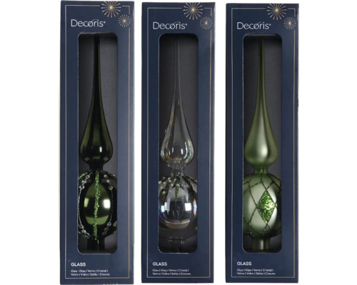 Vianočná špička na stromček sklenená 31 cm zelená, rôzne odtiene Tri sklenené vianočné špice Decoris v balení