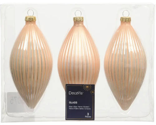 Vianočné ozdoby kvapky sklenené 13 cm broskyňové 3 ks Balenie troch sklenených ozdôb na vianočný stromček v tvare kvapky