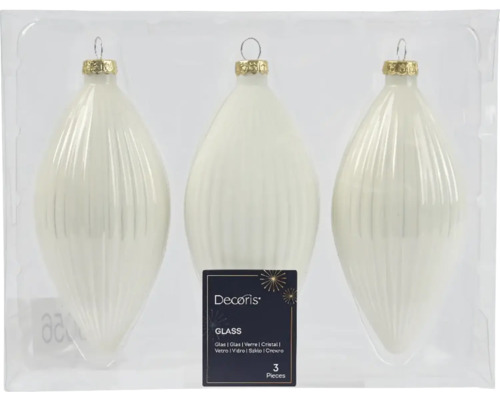 Sada troch sklenených vianočných ozdôb v tvare kvapky s rebrovaním