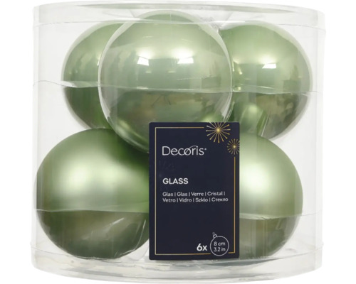 Vianočné ozdoby sklenené gule Ø 8 cm zelené 6 ks Šesť zelených sklenených vianočných gúľ, priemer osem centimetrov