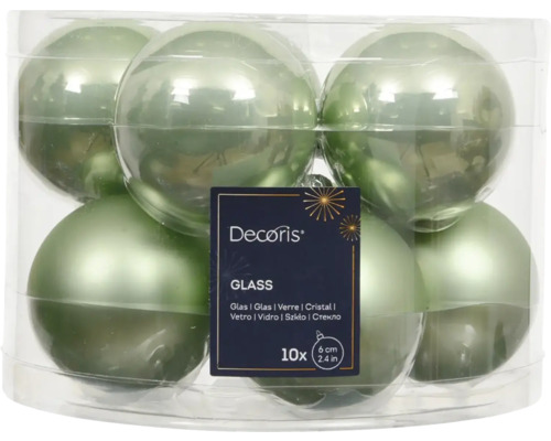 Vianočné ozdoby sklenené gule Ø 6 cm zelené 10 ks Balenie desiatich zelených sklenených vianočných gúľ, každá s veľkosťou šesť centimetrov