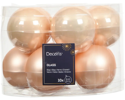 Vianočné ozdoby sklenené gule Ø 10 cm broskyňová perleť 6 ks Balenie desiatich ružových sklenených vianočných gúľ, každá s veľkosťou šesť centimetrov
