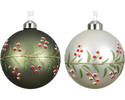 Dve vianočné gule s dekorom vetvičky s bobuľami