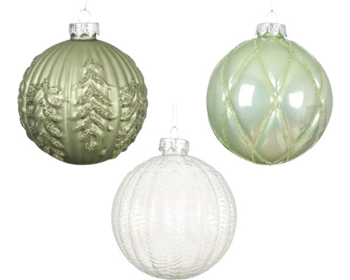 Vianočná ozdoba sklenená guľa Ø 10 cm zelená biela, rôzne druhy Tri vianočné gule s rôznymi vzormi