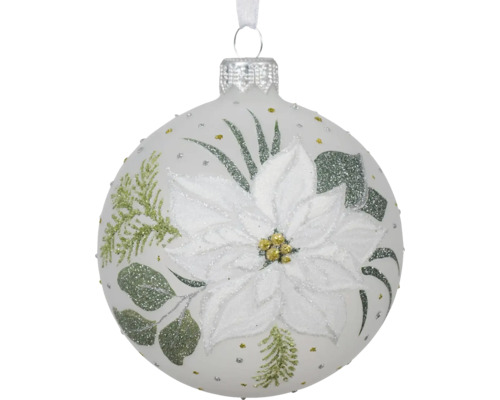 Vianočná ozdoba sklenená guľa vianočná hviezda Ø 8 cm biela Vianočná ozdoba s rastlinnými motívmi