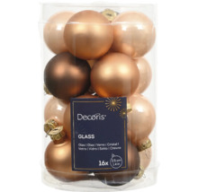 16 sklenených vianočných gúľ v rôznych odtieňoch hnedej v priehľadnej nádobe