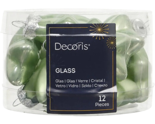 Vianočné ozdoby hviezdy 4 cm matcha zelené 12 ks Dvanásť zelených sklenených vianočných gúľ v priehľadnej nádobe