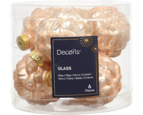 Vianočné ozdoby šišky sklenené broskyňová perleť 6 ks Šesť sklenených, trblietavých vianočných gúľ v priehľadnej nádobe