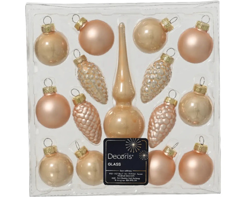 Vianočné ozdoby mix broskyňová farba 15 ks Sada sklenených vianočných gúľ a špice