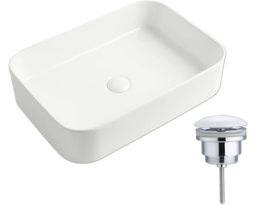 Obdĺžnikové umývadlo na dosku s odtokovou armatúrou