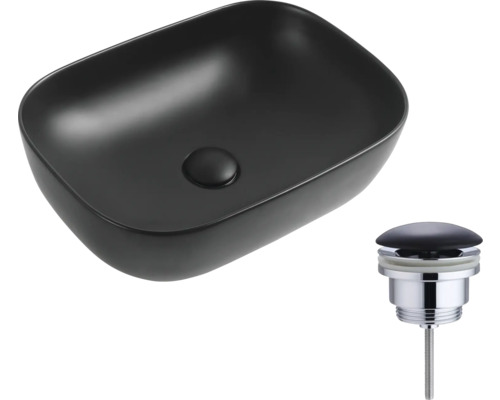 Čierne umývadlo na dosku s odtokovou súpravou