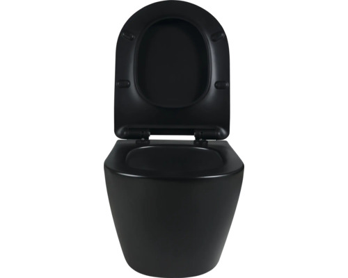 Čierna hlbokosplachovacia toaleta s otvoreným záchodovým sedadlom