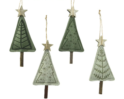Vianočné ozdoby stromčeky plstené 14 cm 4 ks, rôzne druhy Dekoratívne vianočné stromčeky z plsti s hviezdicovým príveskom na zavesenie