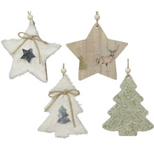 Dekoratívne vianočné prívesky v tvare hviezdy a vianočného stromčeka, z dreva a textilu, na dekoráciu