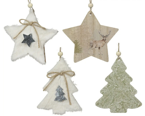 Vianočná ozdoba hviezda drevená 12 cm, rôzne druhy Dekoratívne vianočné prívesky v tvare hviezdy a vianočného stromčeka, z dreva a textilu, na dekoráciu