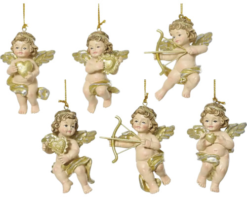 Dekoratívna figúrka anjel závesná polyresin Šesť anjelských príveskov so srdcom a šípom na vianočné dekorácie