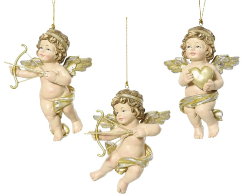Traja anjeli ako ozdoby na vianočný stromček so šípom a lukom alebo srdcom