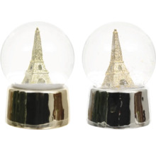 Dve snehové gule s motívom Eiffelovej veže a strieborným podstavcom