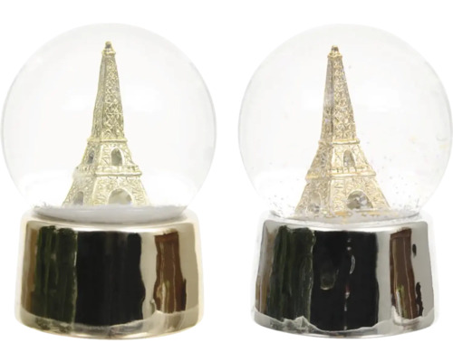 Snežítko Eifellovka polyresin Dve snehové gule s motívom Eiffelovej veže a strieborným podstavcom