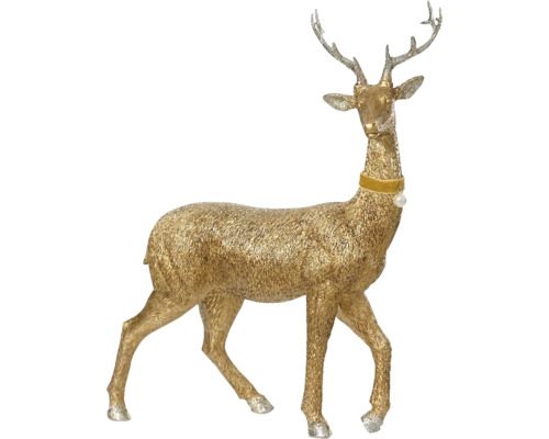 Dekoratívny zlatý jeleň s parožím ako vianočná dekorácia