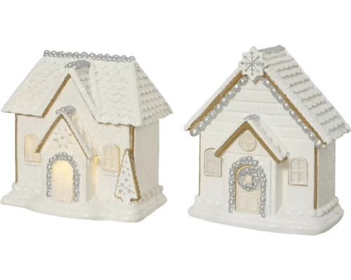 Svietiaci LED domček polyresin 13 cm biely, rôzne druhy Dva dekoratívne, osvetlené domy pre vianočné obdobie