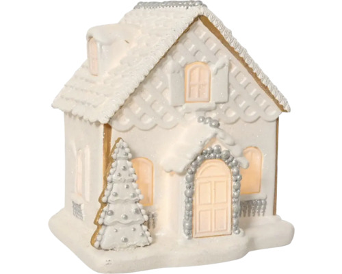 Svietiaci LED domček polyresin 20 x 18 x 21 cm biely Dekoratívna medovníková chalúpka s vianočným stromčekom