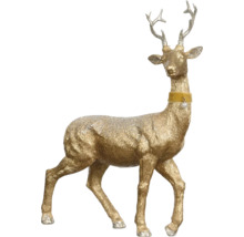 Dekoratívna figúrka jeleňa z umelej živice s parožím a obojkom ako vianočná dekorácia