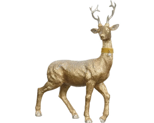 Dekoratívna figúrka jeleňa z umelej živice s parožím a obojkom ako vianočná dekorácia