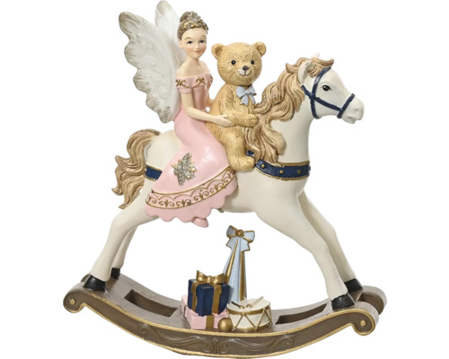 Dekorácia hojdací kôň s dievčaťom polyresin 20 cm Dekoratívna figúrka s anjelom, medvedíkom a hojdacím koňom ako slávnostná dekorácia
