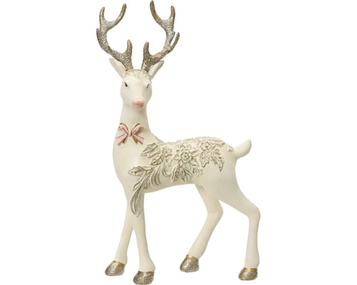 Dekoratívna figúrka jeleň polyresin 19 cm Dekoratívny jeleň s mašľou a trblietavým parožím na Vianoce