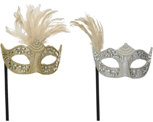 Škraboška s perím zlatá, rôzne druhy Dve masky s perím a kamienkami na karneval