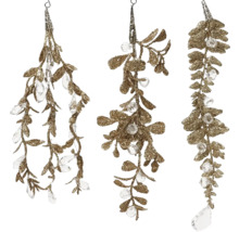 Tri trblietavé zlaté závesy imelo s čírymi krištáľovými akcentmi na vianočné dekorácie