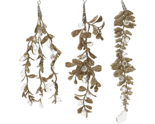 Závesná dekorácia s lístkami 12 cm trblietavá šampaň, rôzne druhy Tri trblietavé zlaté závesy imelo s čírymi krištáľovými akcentmi na vianočné dekorácie