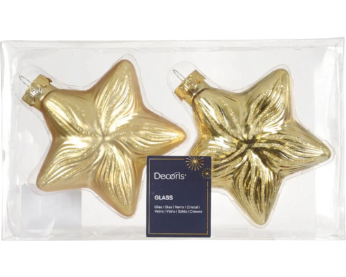 Dve zlaté sklenené hviezdy na vianočný stromček v priehľadnom plastovom obale