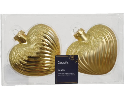 Vianočné ozdoby srdce sklenené zlaté 2 ks Dve zlaté sklenené vianočné ozdoby v tvare srdca v balení.