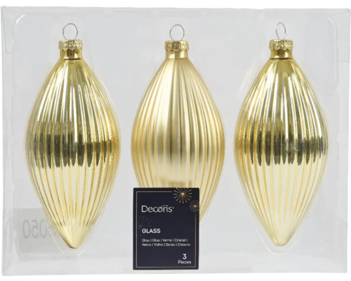 Sada troch zlatých ryhovaných sklenených vianočných ozdôb