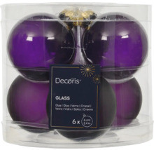 Šesť fialových sklenených vianočných gúľ v priehľadnom obale