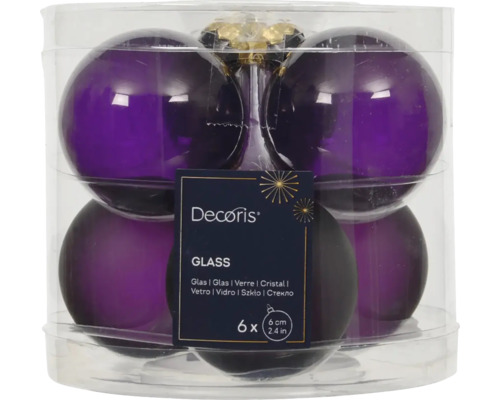 Vianočné ozdoby sklenené gule Ø 6 cm fialové 6 ks Šesť fialových sklenených vianočných gúľ v priehľadnom obale